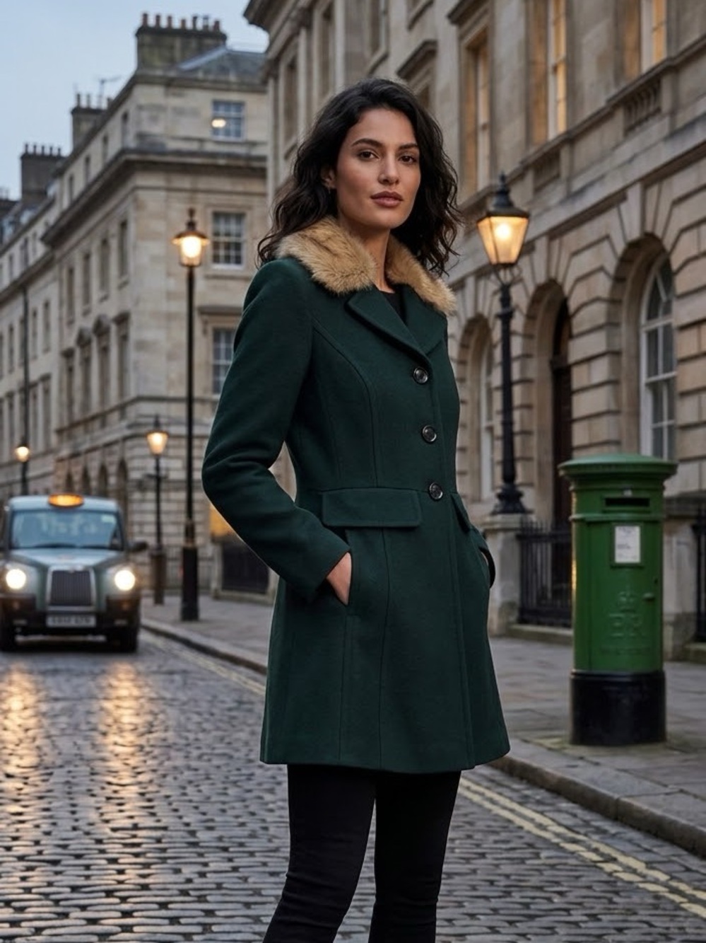 Kate Spade Faux Fur Collar Wool Blend Coat in Deep Pine